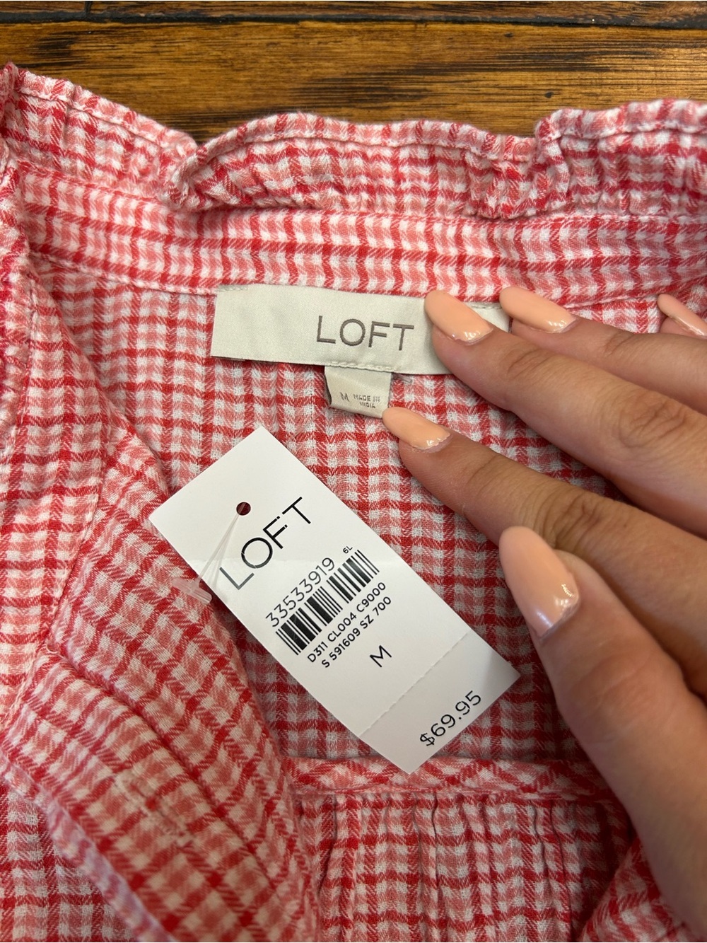 LOFT Pink & White Gingham Ruffle-Neck Button Front Blouse - Picture 4 of 7